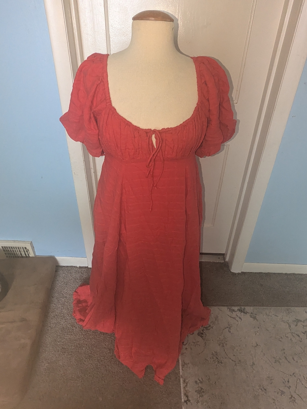 Free People Coral Red Puff Sleeve Maxi Dress
